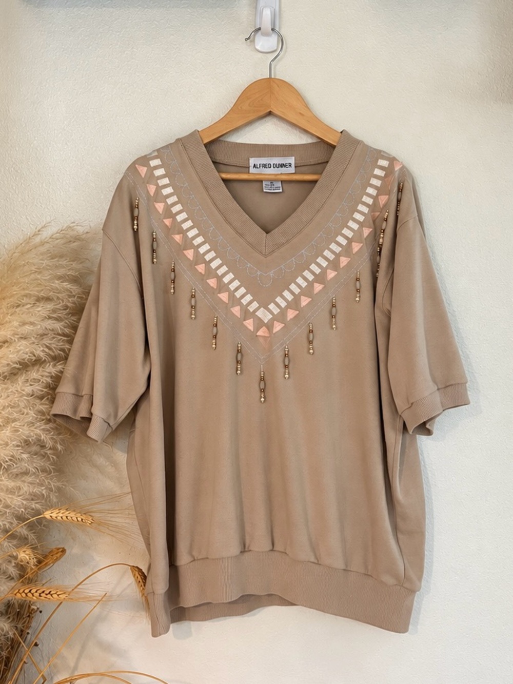 Vintage 90s Alfred Dunner Beaded Southwestern V Neck Top Medium